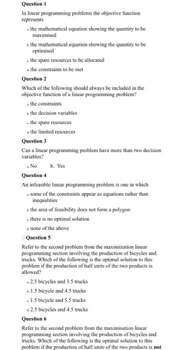 Solved Question 1 In linear programming problems the | Chegg.com