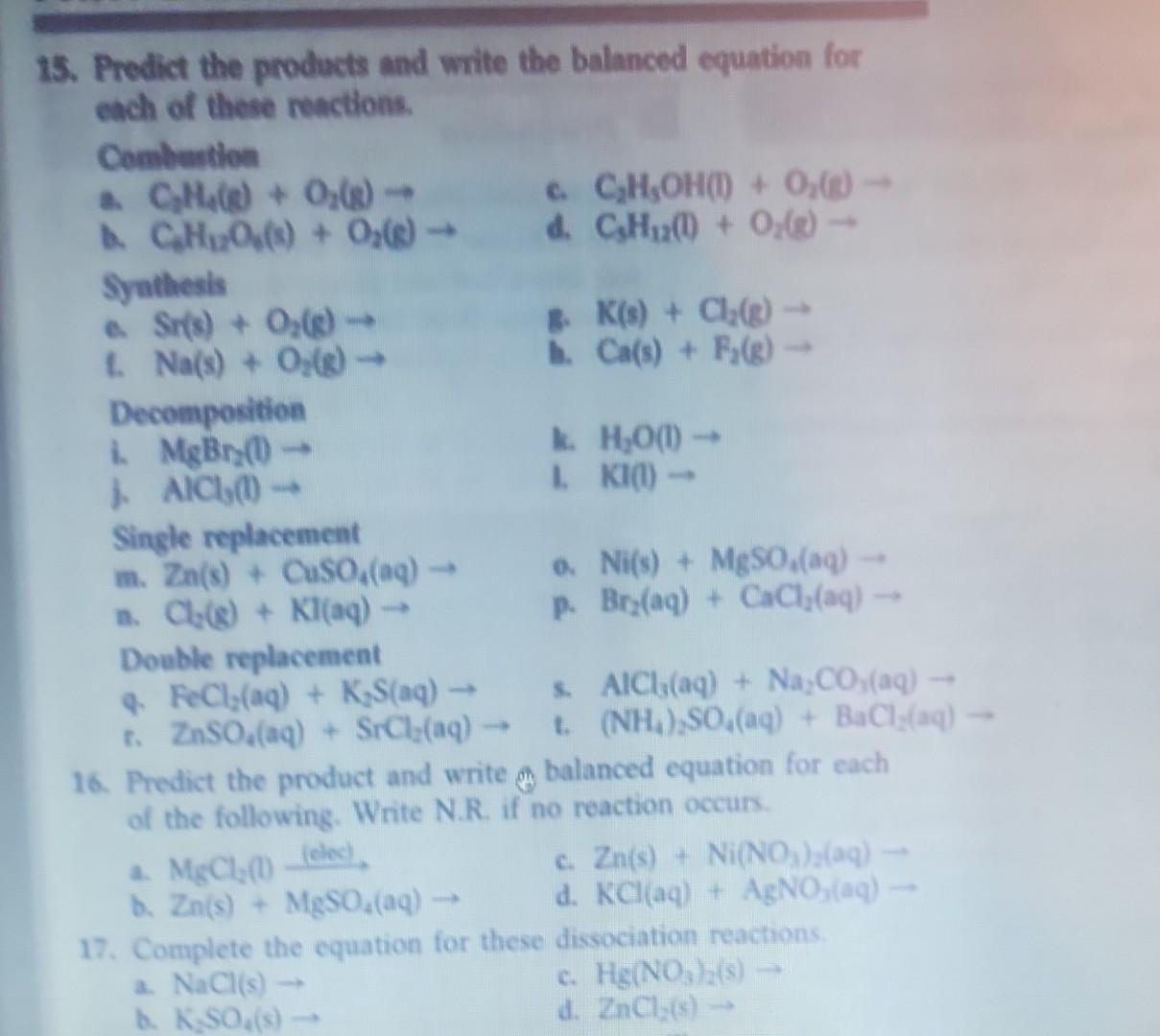 Solved 5. Predict the products and write the balanced Chegg