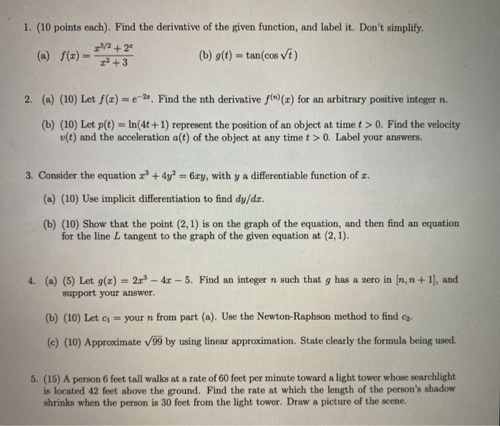 Solved 1. (10 points each). Find the derivative of the given | Chegg.com