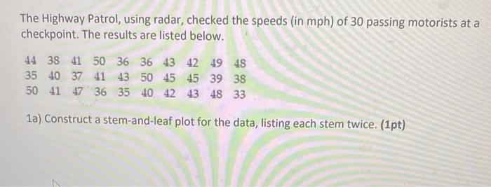 The Highway Patrol, using radar, checked the speeds (in mph) of 30 passing motorists at a checkpoint. The results are listed 