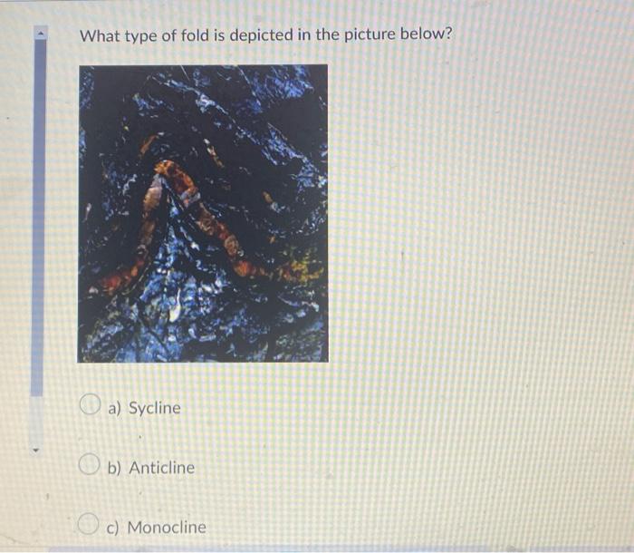 What type of fold is depicted in the picture below?
a) Sycline
b) Anticline
c) Monocline