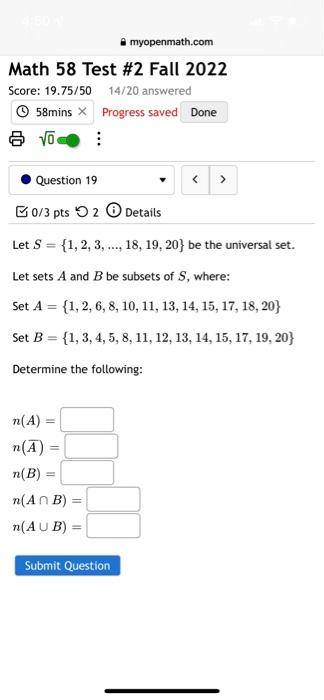 Solved Let S={1,2,3,…,18,19,20} Be The Universal Set. Let | Chegg.com