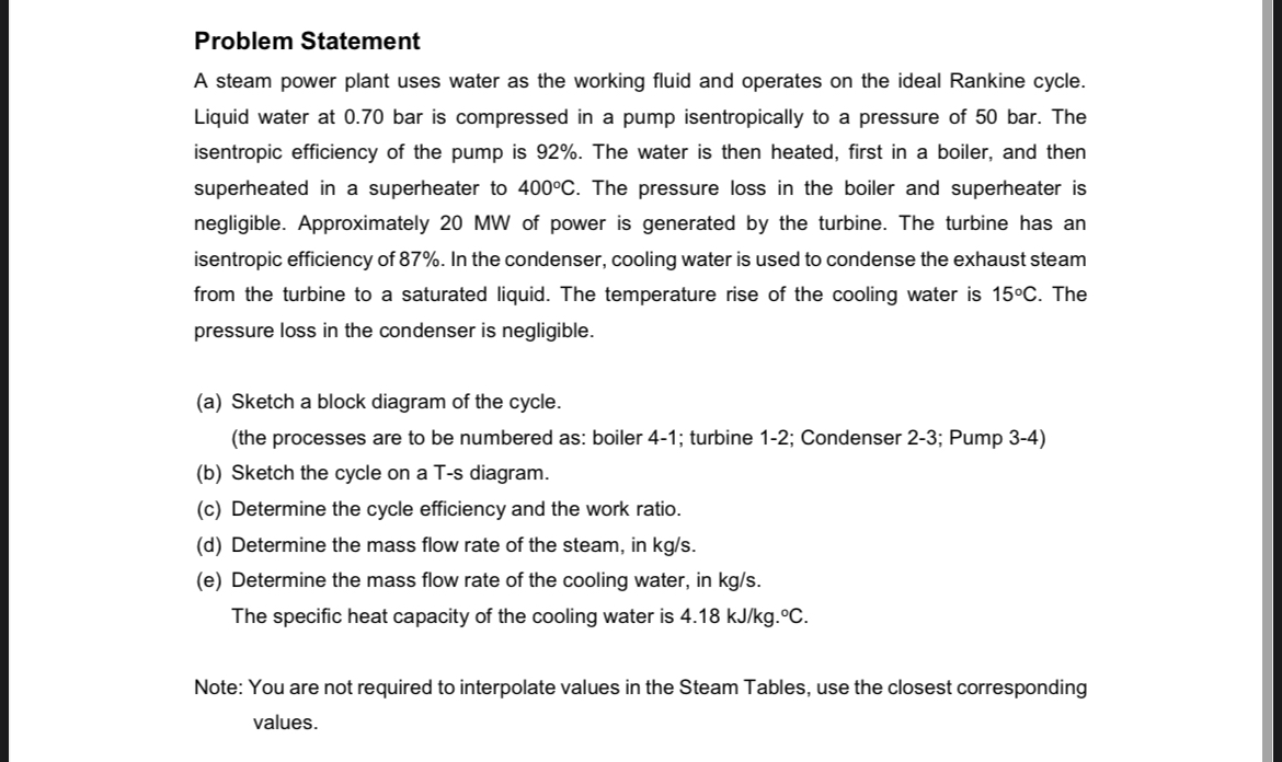 Solved Problem StatementA steam power plant uses water as | Chegg.com