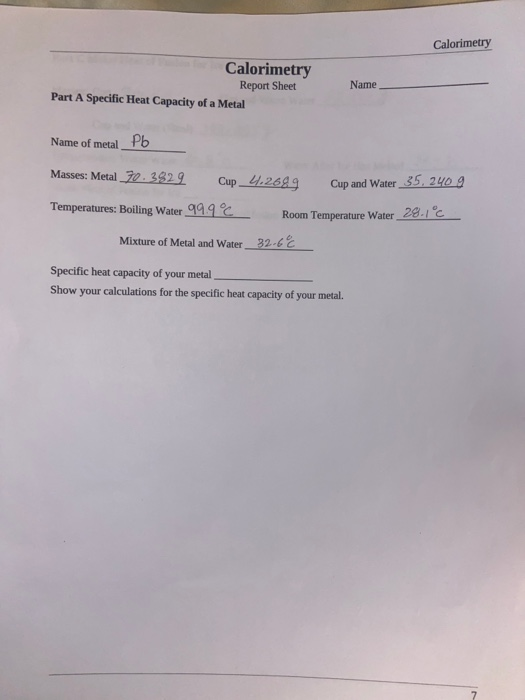 Calorimetry Calorimetry Report Sheet Part A Specific