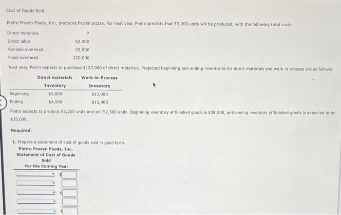 Solved Pietro Frozen foods, Incy produces frozen pizzas. For | Chegg.com