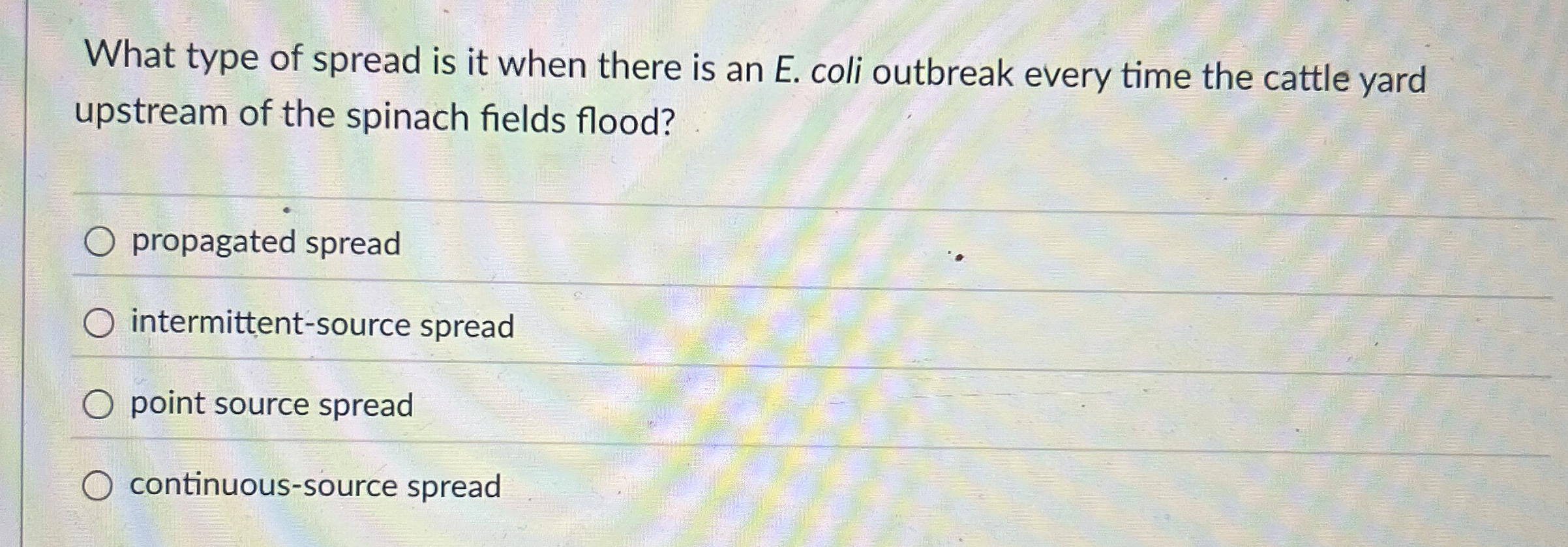 Solved What type of spread is it when there is an E. ﻿coli | Chegg.com