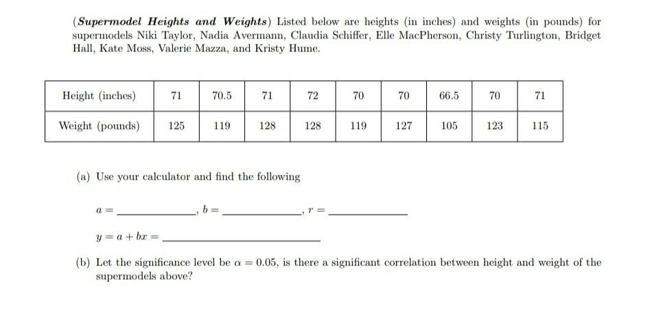 Solved (Supermodel Heights and Weights) Listed below are | Chegg.com