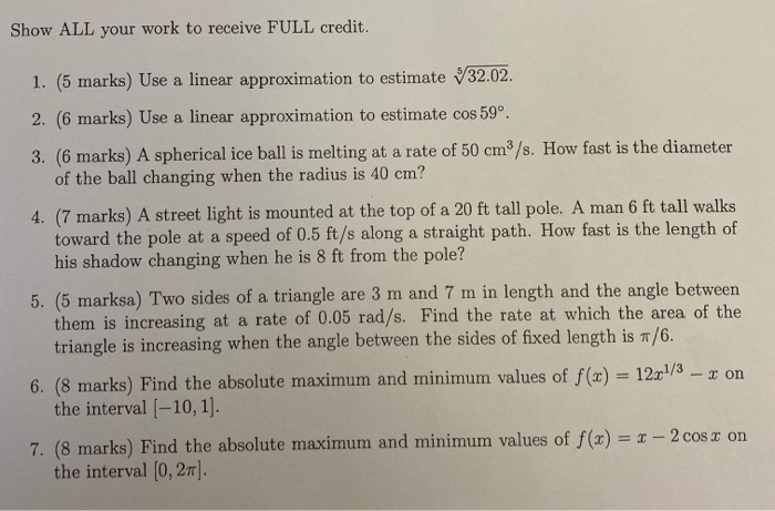 Solved Show ALL your work to receive FULL credit. 1. (5 | Chegg.com