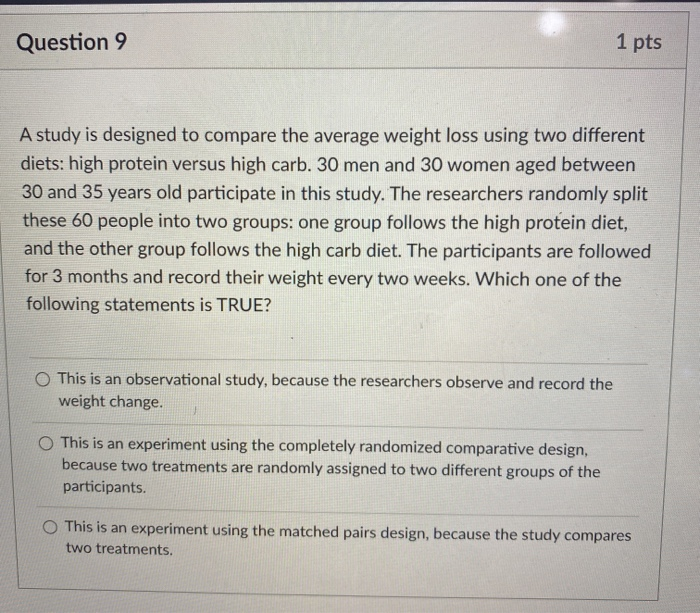 Solved Question 9 1 pts A study is designed to compare the | Chegg.com