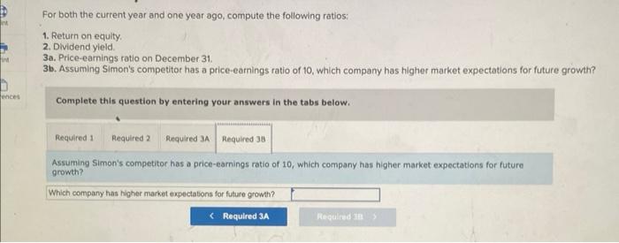 For both the current year and one year ago, compute the following ratios:
1. Return on equity.
2. Dividend yield.
3a. Price-e