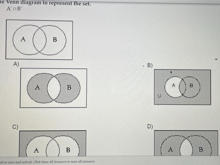 Solved he Venn diagram to represent the set. AnB A B A) B) B | Chegg.com