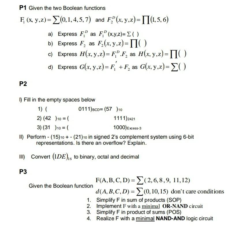 Solved P1 Given The Two Boolean Functions F X Y Z 0 Chegg Com