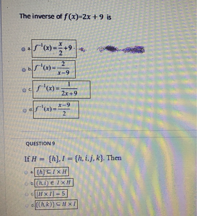 Solved The Inverse Of F X 2x 9 Is O A S X 9 Gr O Chegg Com