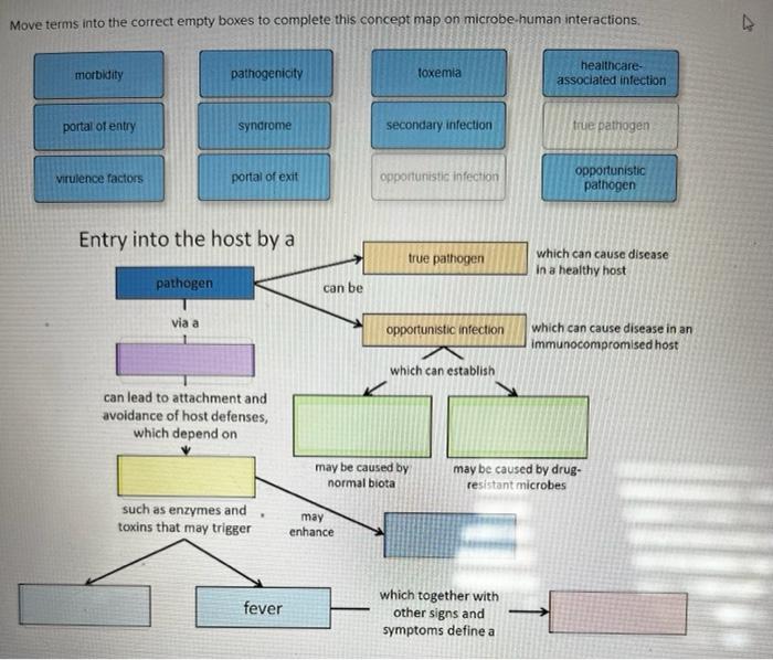 Move terms into the correct empty boxes to complete this concept map on microbe-human interactions.
healthcare-
associated in