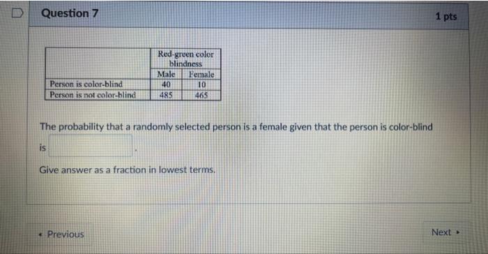 The probability that a randomly selected person is a female given that the person is color-blind is
Give answer as a fraction