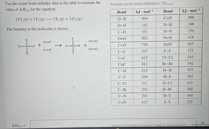 Solved Use the molar bond enthalpy data in the table to | Chegg.com