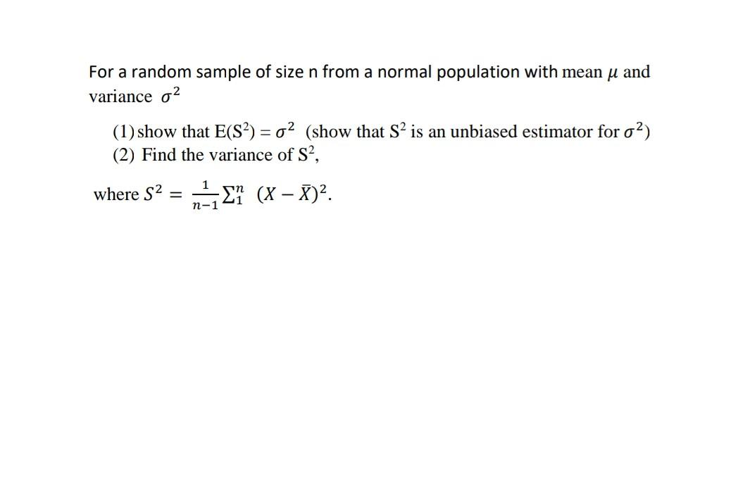Solved For a random sample of size n from a normal | Chegg.com