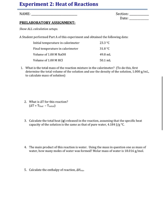 Solved Experiment 2 Heat of Reactions NAME Section Date