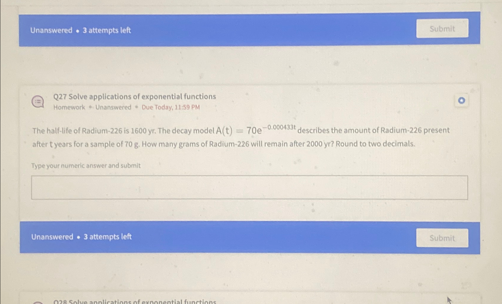 Solved Unanswered *3 ﻿attempts leftQ27 ﻿Solve applications | Chegg.com