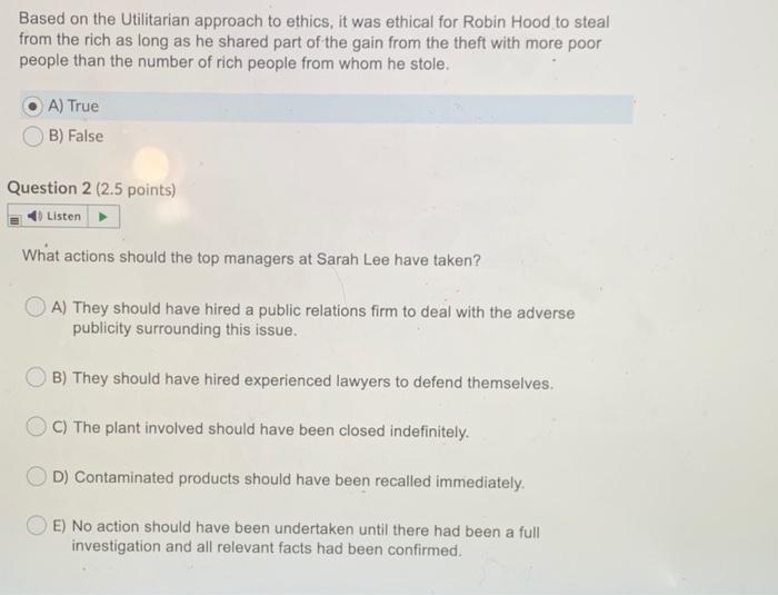 Solved Based on the Utilitarian approach to ethics, it was | Chegg.com
