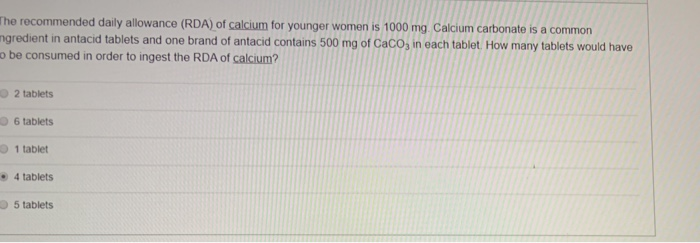 Solved The recommended daily allowance (RDA) of calcium for | Chegg.com