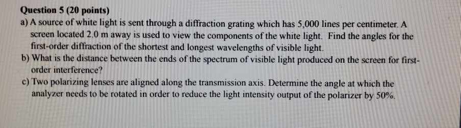 Solved Question 5 (20 points) a) A source of white light is | Chegg.com