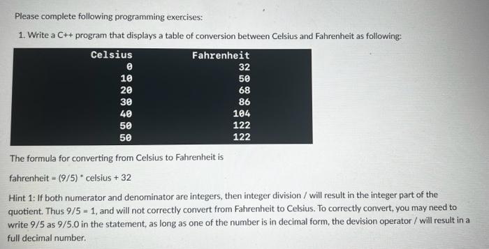 Solved Write a C++ program that displays a table of | Chegg.com