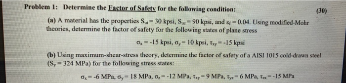 Solved (30) Problem 1: Determine the Factor of Safety for | Chegg.com