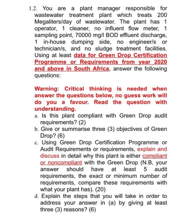 Solved 1.2. You are a plant manager responsible for | Chegg.com