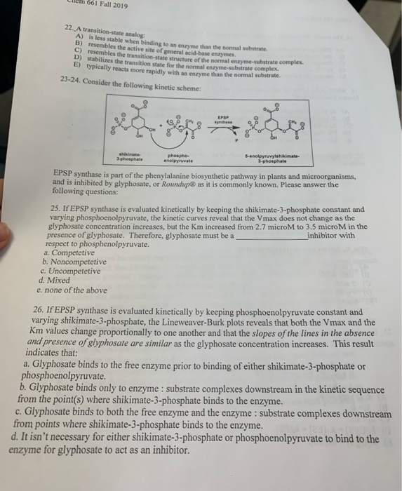 661 Fall 2019 22. A transition state analog A) is | Chegg.com