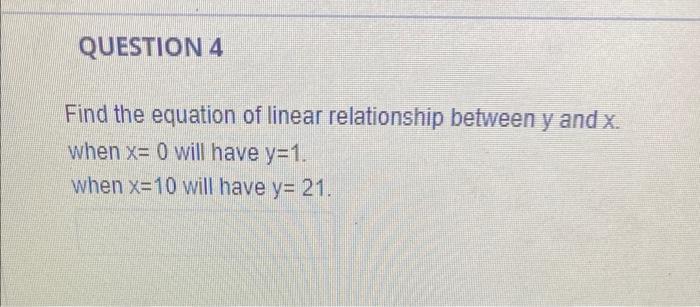 Solved QUESTION 4 Find the equation of linear relationship | Chegg.com