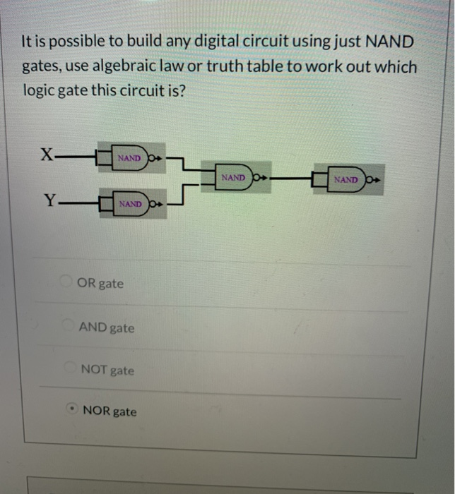 It is possible to build any digital circuit using just NAND gates, use algebraic law or truth table to work out which logic g