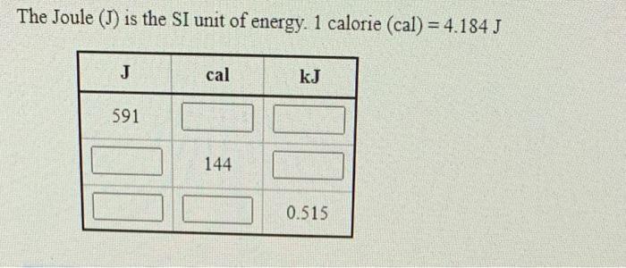 Solved The Joule (J) is the SI unit of energy. 1 calorie | Chegg.com