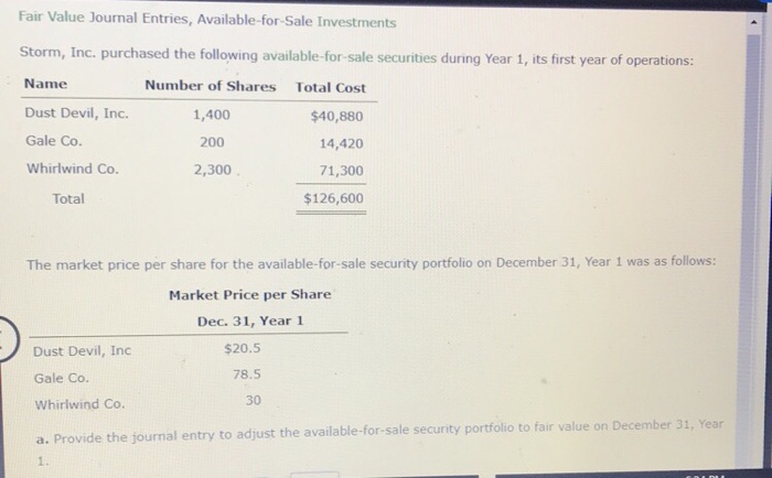 Solved Fair Value Journal Entries, Available-for-Sale | Chegg.com
