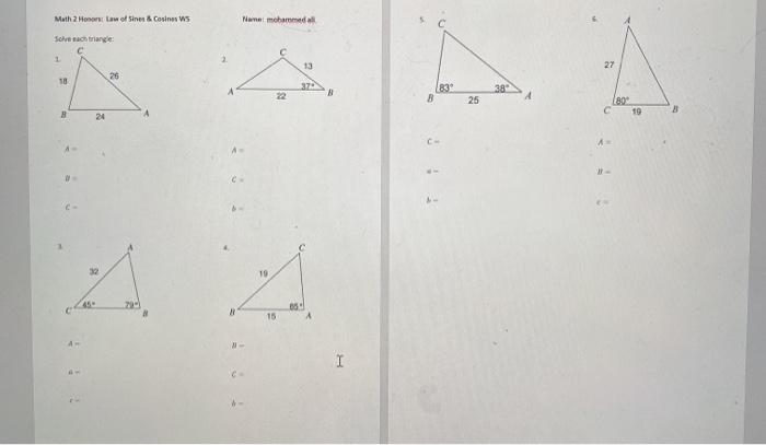 Solved Math 2 How Law of Sinus & Cosines WS Nani mohammad | Chegg.com