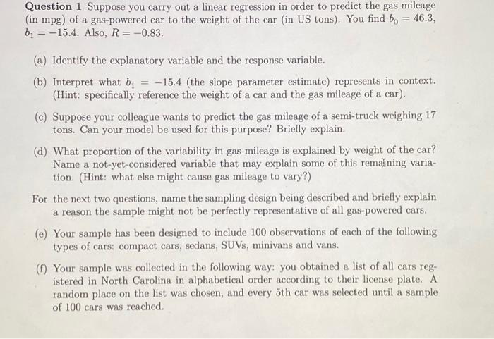 Solved Question 1 Suppose you carry out a linear regression | Chegg.com