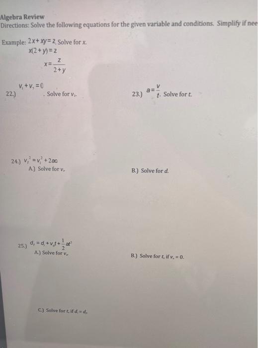 Solved Algebra Review Directions: Solve the following | Chegg.com