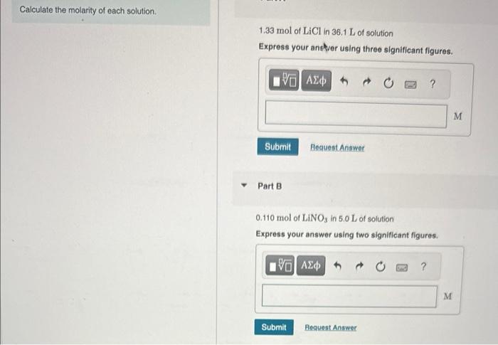Solved Calculate the molarity of each solution. 1.33 mol of | Chegg.com