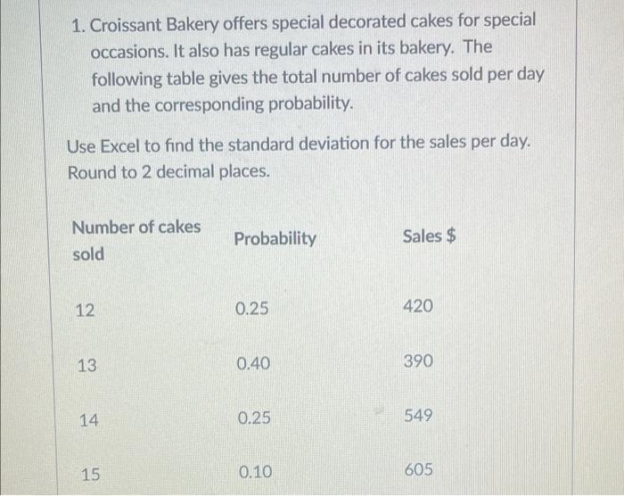 Solved 1. Croissant Bakery offers special decorated cakes | Chegg.com