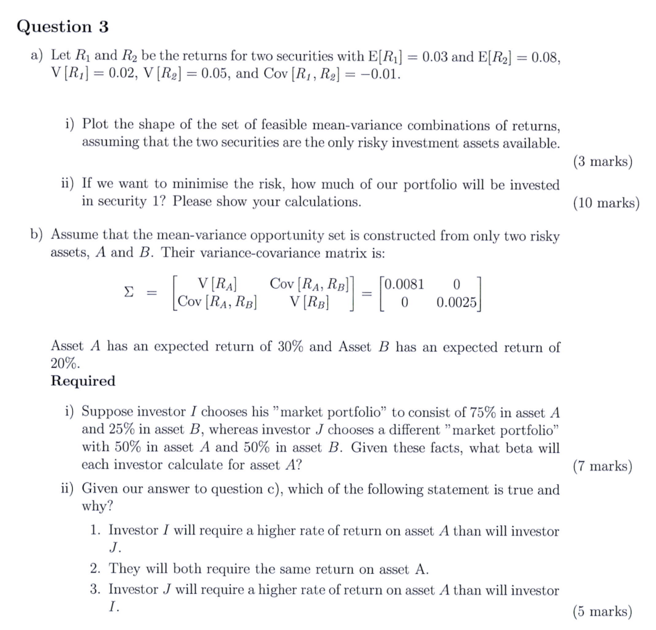 Solved Question 3a) ﻿Let R1 ﻿and R2 ﻿be the returns for two | Chegg.com