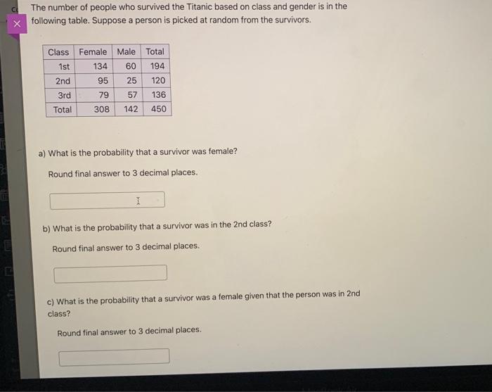 Solved The number of people who survived the Titanic based | Chegg.com
