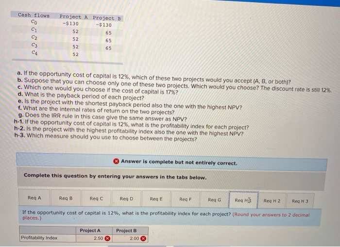 Solved Cash flows CO C1 C2 C3 C4 Project A Project B 130