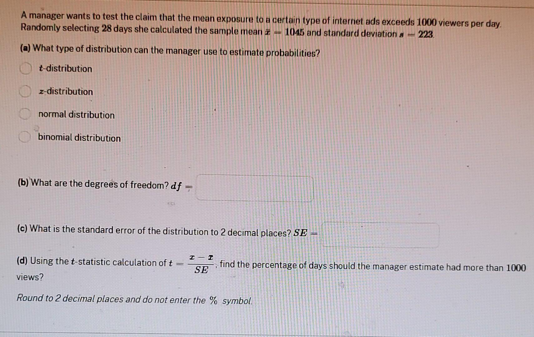Solved A manager wants to test the claim that the mean | Chegg.com