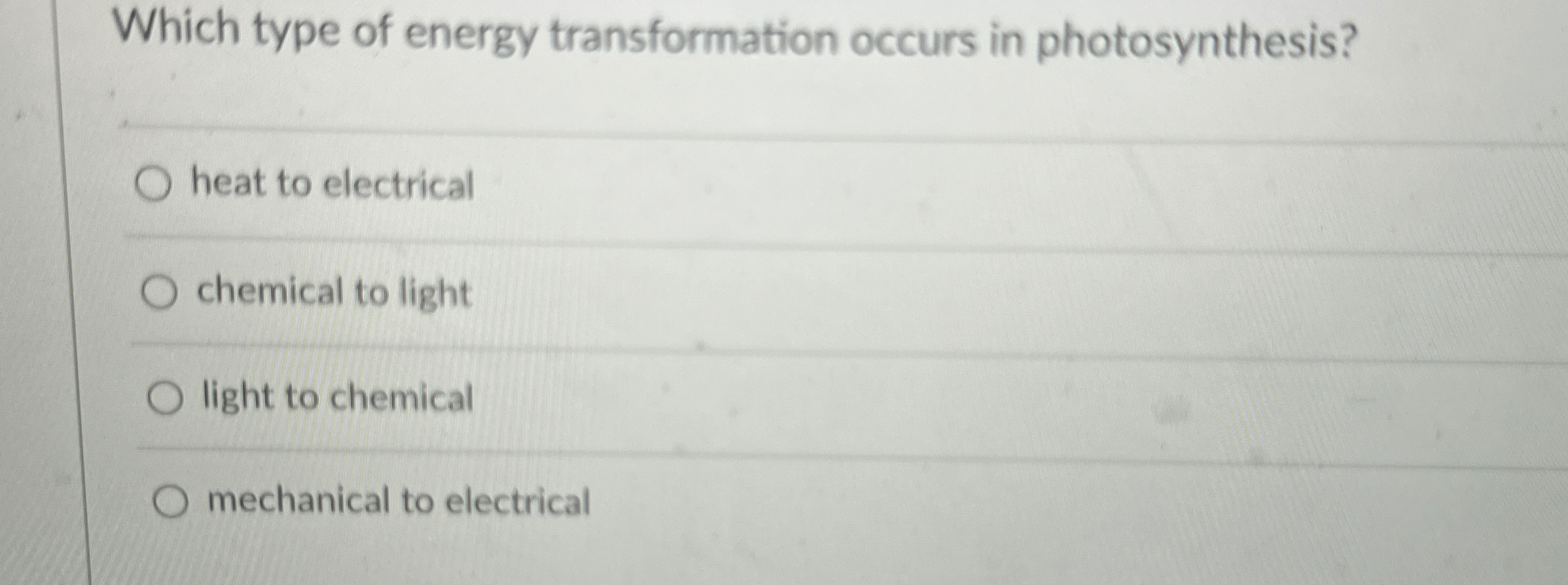 Solved Which type of energy transformation occurs in
