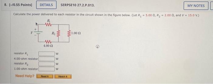 Calculate the power delivered to each resistor in the circuit shown in the figure below. (Let \( R_{1}=5.000, R_{2}=2.00 \Ome