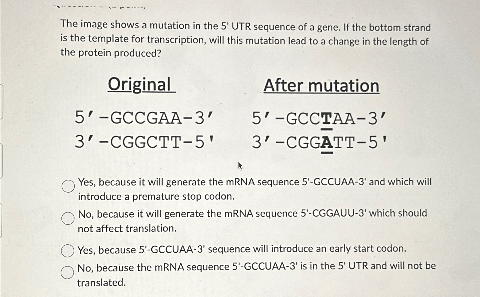 Solved The image shows a mutation in the 5' ﻿UTR sequence of | Chegg.com