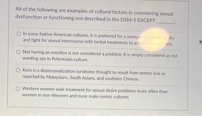 Solved All of the following are examples of cultural factors