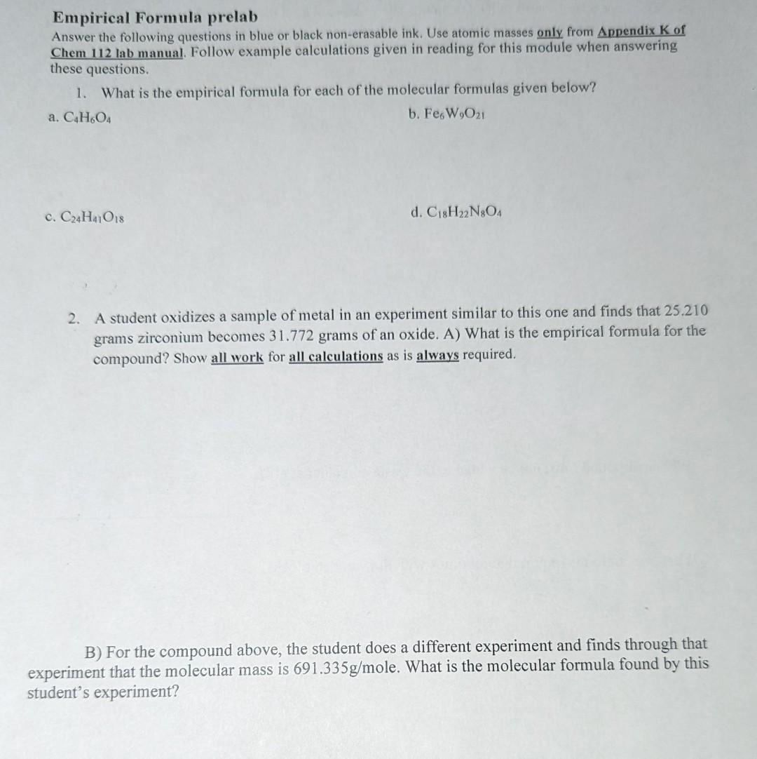 Solved Empirical Formula Prelab Answer The Following | Chegg.com