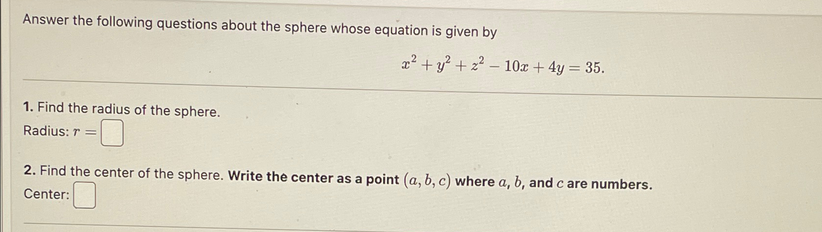 Solved Answer the following questions about the sphere whose | Chegg.com