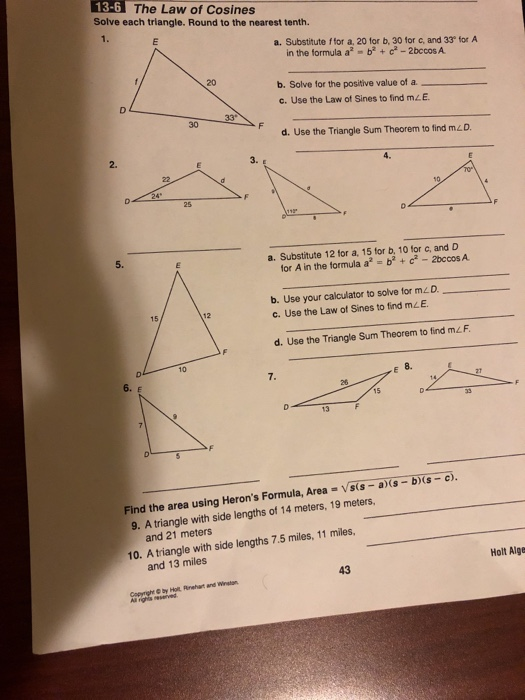 13 6 The Law Of Cosines Solve Each Trlangle Round To Chegg 